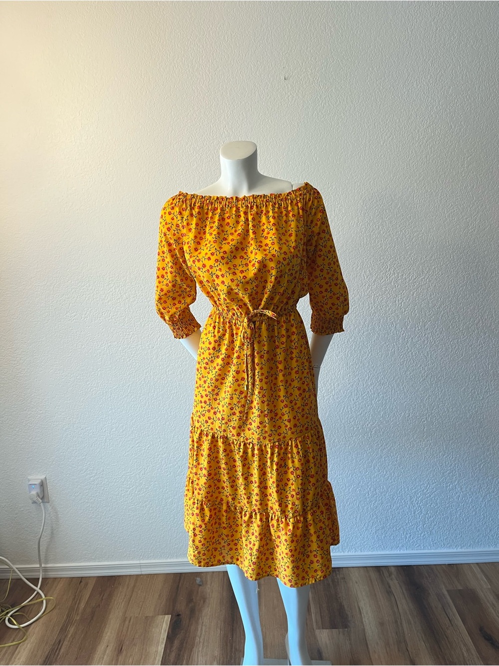 Vintage Yellow Floral Tiered Midi Dress, Elastic Waist and Neckline